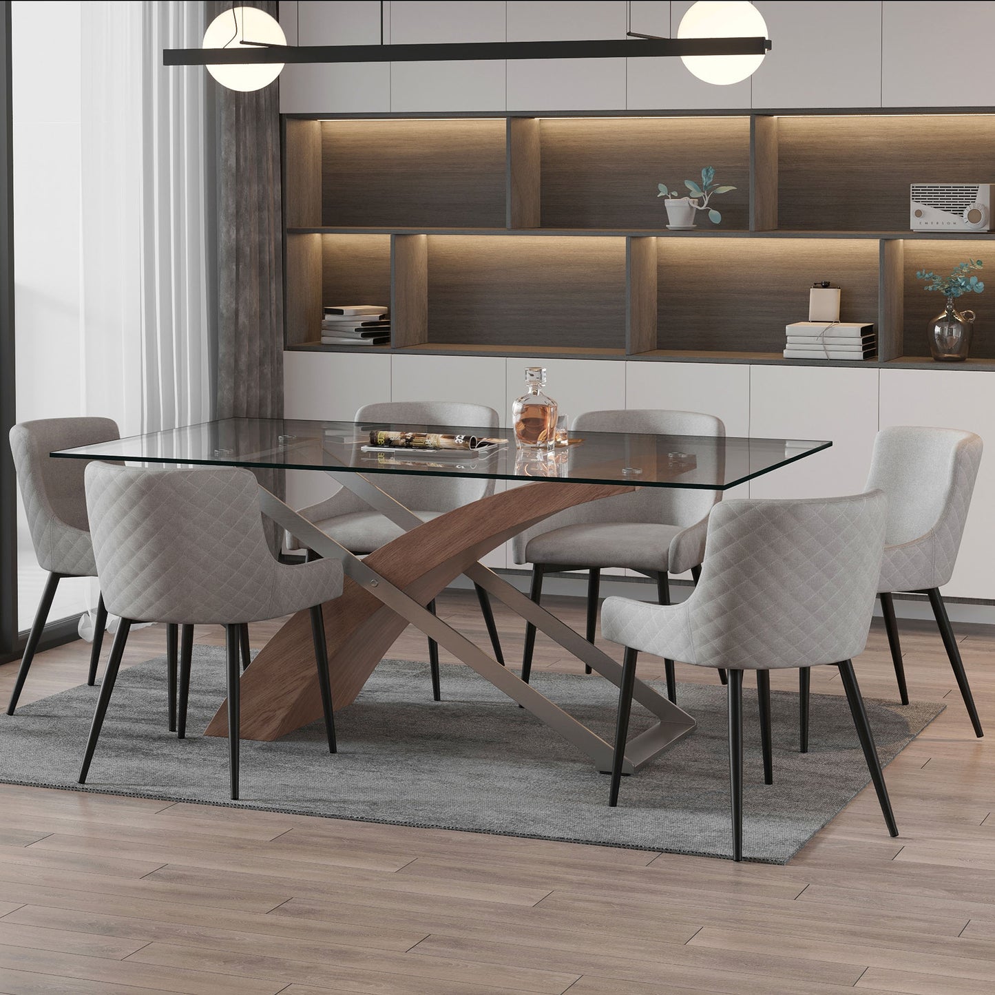 Veneta/Bianca Dining Set in Walnut with Black & Grey Chair (Table + 6 Chairs)