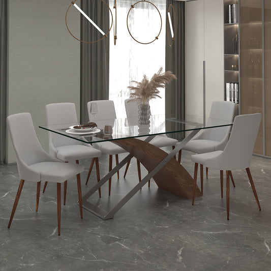 Veneta/Cora Dining Set in Walnut with Light Grey Chair (Table + 6 Chairs)