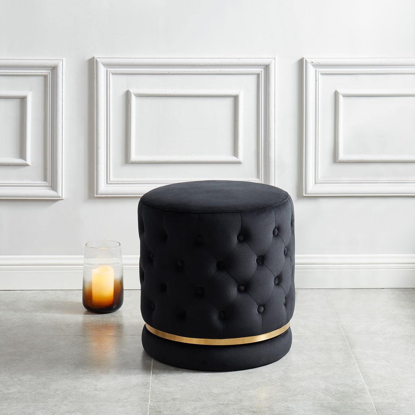Delilah Round Ottoman in Black and Gold