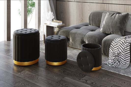Tobi 3pc Storage Ottoman Set in Black and Gold