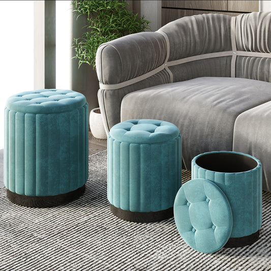 Tobi 3pc Storage Ottoman Set in Teal and Black