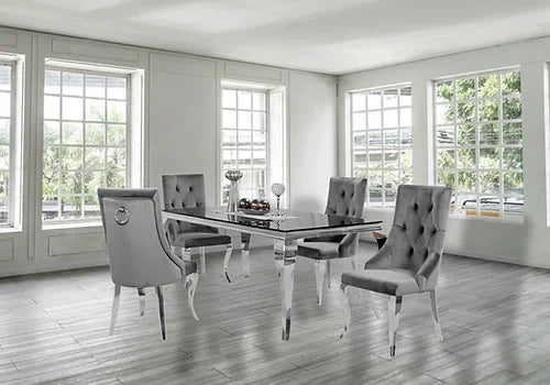 Kennedy Black Glass 63" Dining Table +4 Lilly Grey Chairs