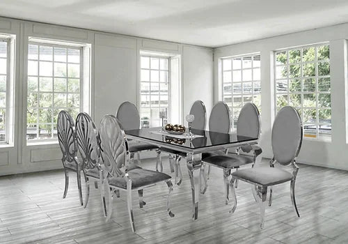 Kennedy Black Glass 79" Dining Table +8 Ice Grey Chairs