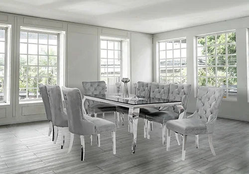 Kennedy Black Glass 79" Dining Table +8 Light Grey Munich Chairs