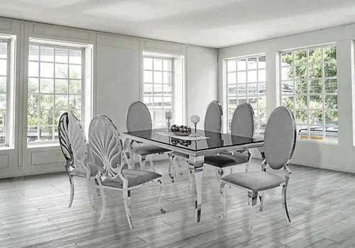 Kennedy Black Glass 79" Dining Table +6 Ice Grey Chairs
