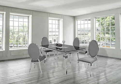 Kennedy Black Glass 63" Dining Table +4 Bronx Grey Chairs