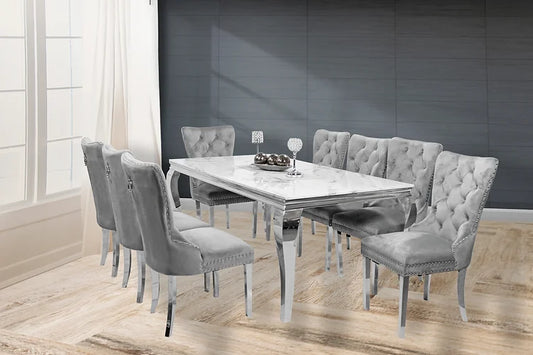 Kennedy Marble 79" Dining Table +8 Light Grey Munich Chairs