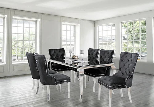 Kennedy Black Glass 79" Dining Table +6 Black Munich Chairs