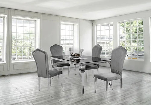 Kennedy Black Glass 63" Dining Table +4 Monica Grey Chairs