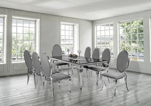 Kennedy Black Glass 79" Dining Table +8 Bronx Grey Chairs