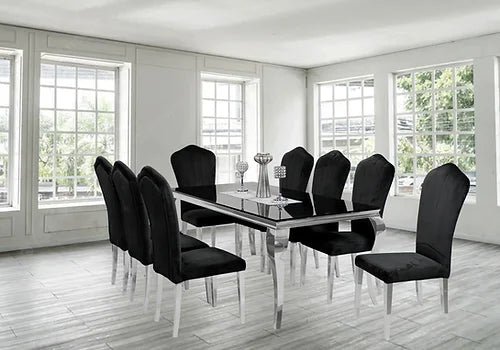 Kennedy Black Glass 79" Dining Table +8 Monica Black Chairs