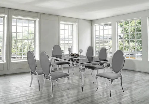 Kennedy Black Glass 79" Dining Table +6 Bronx Grey Chairs
