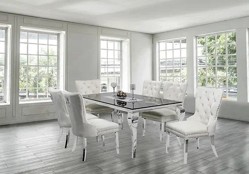 Kennedy Black Glass 79" Dining Table +6 Ivory Munich Chairs