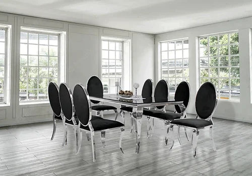 Kennedy Black Glass 79" Dining Table +8 Bronx Black Chairs