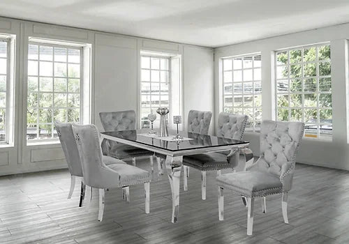 Kennedy Black Glass 79" Dining Table +6 Light Grey Munich Chairs