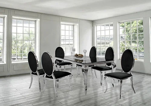 Kennedy Black Glass 79" Dining Table +6 Bronx Black Chairs