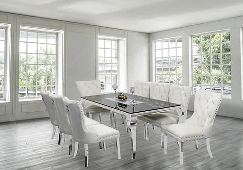 Kennedy Black Glass 79" Dining Table +8 Ivory Munich Chairs