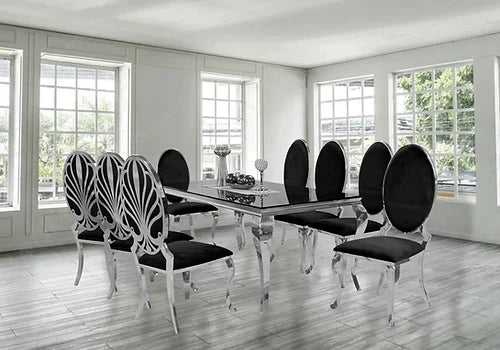 Kennedy Black Glass 79" Dining Table +8 Ice Black Chairs