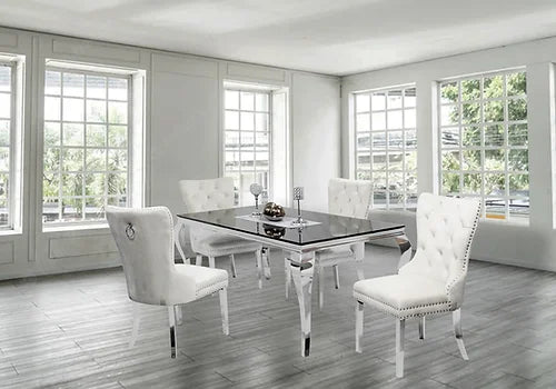 Kennedy Black Glass 63" Dining Table +4 Ivory Munich Chairs