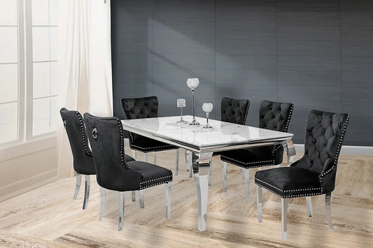 Kennedy Marble 79" Dining Table +6 Black Munich Chairs