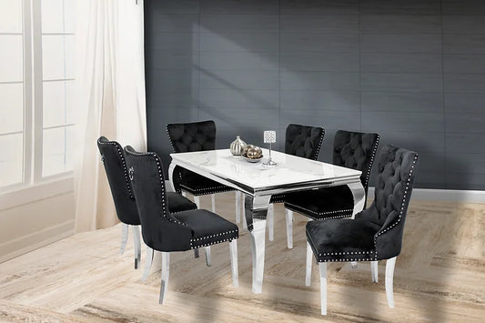 Kennedy Marble 63" Dining Table +6 Black Munich Chairs