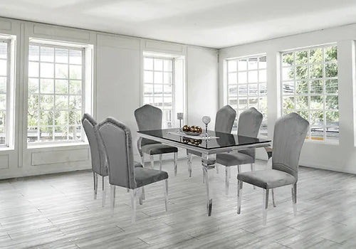 Kennedy Black Glass 63" Dining Table +6 Monica Grey Chairs