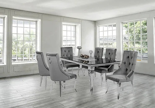 Kennedy Black Glass 63" Dining Table +6 Lilly Grey Chairs