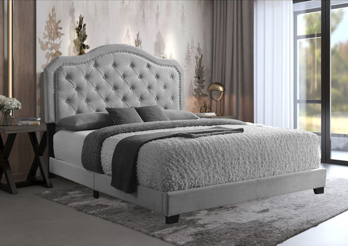 Helen Queen Size Bed Velvet Grey