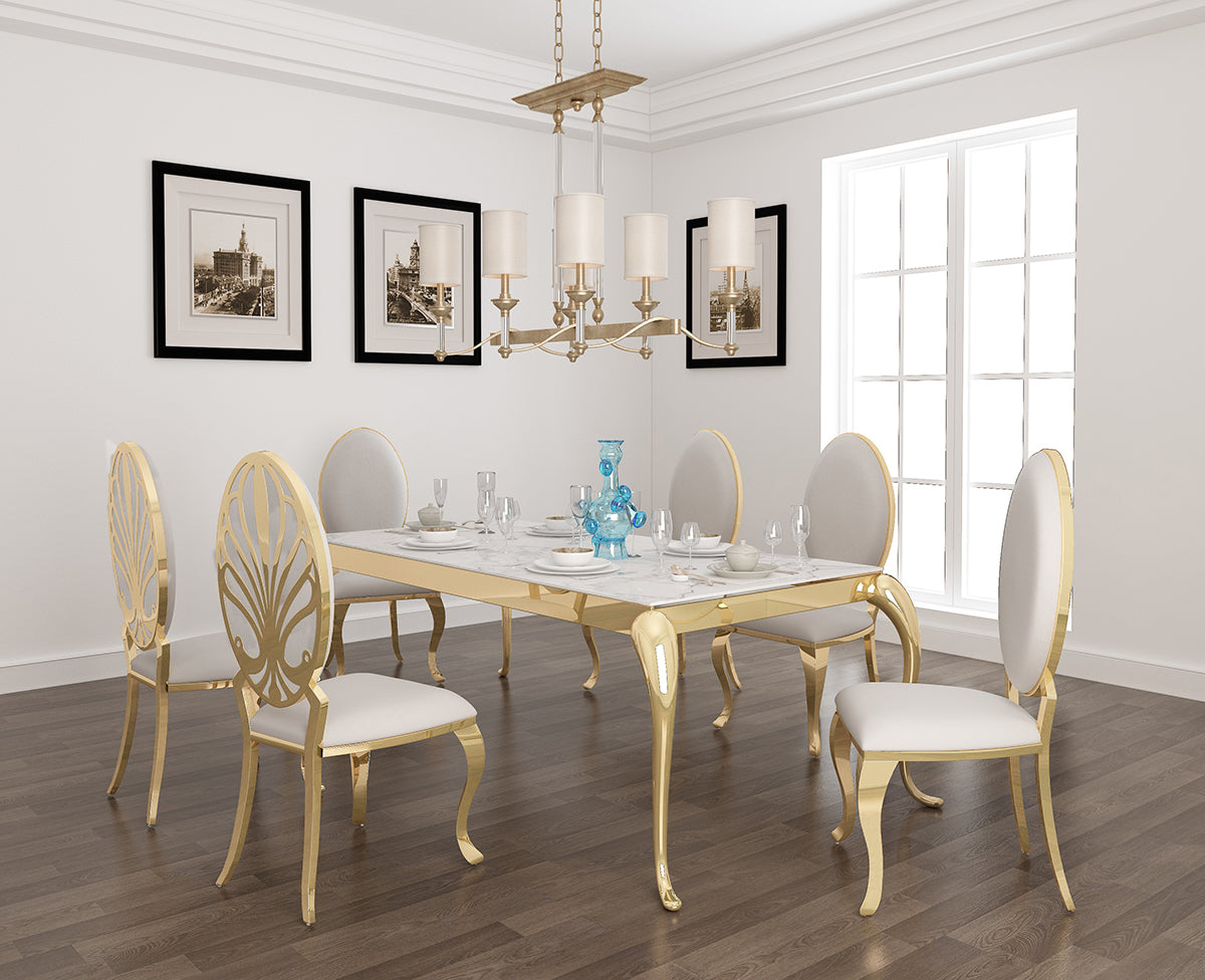 Gold Finish ICE 7 Pc White PU Dining Set